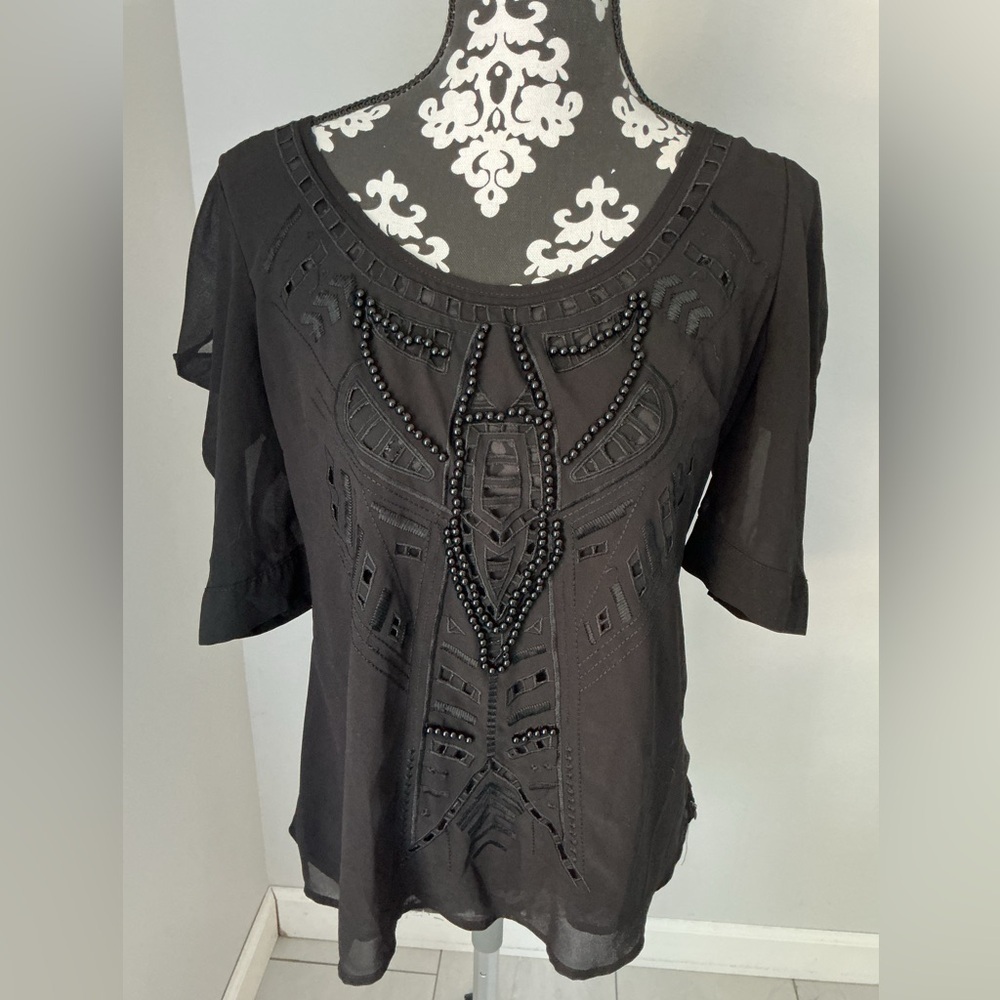 Elegant Black Beaded Women's Blouse Sz M